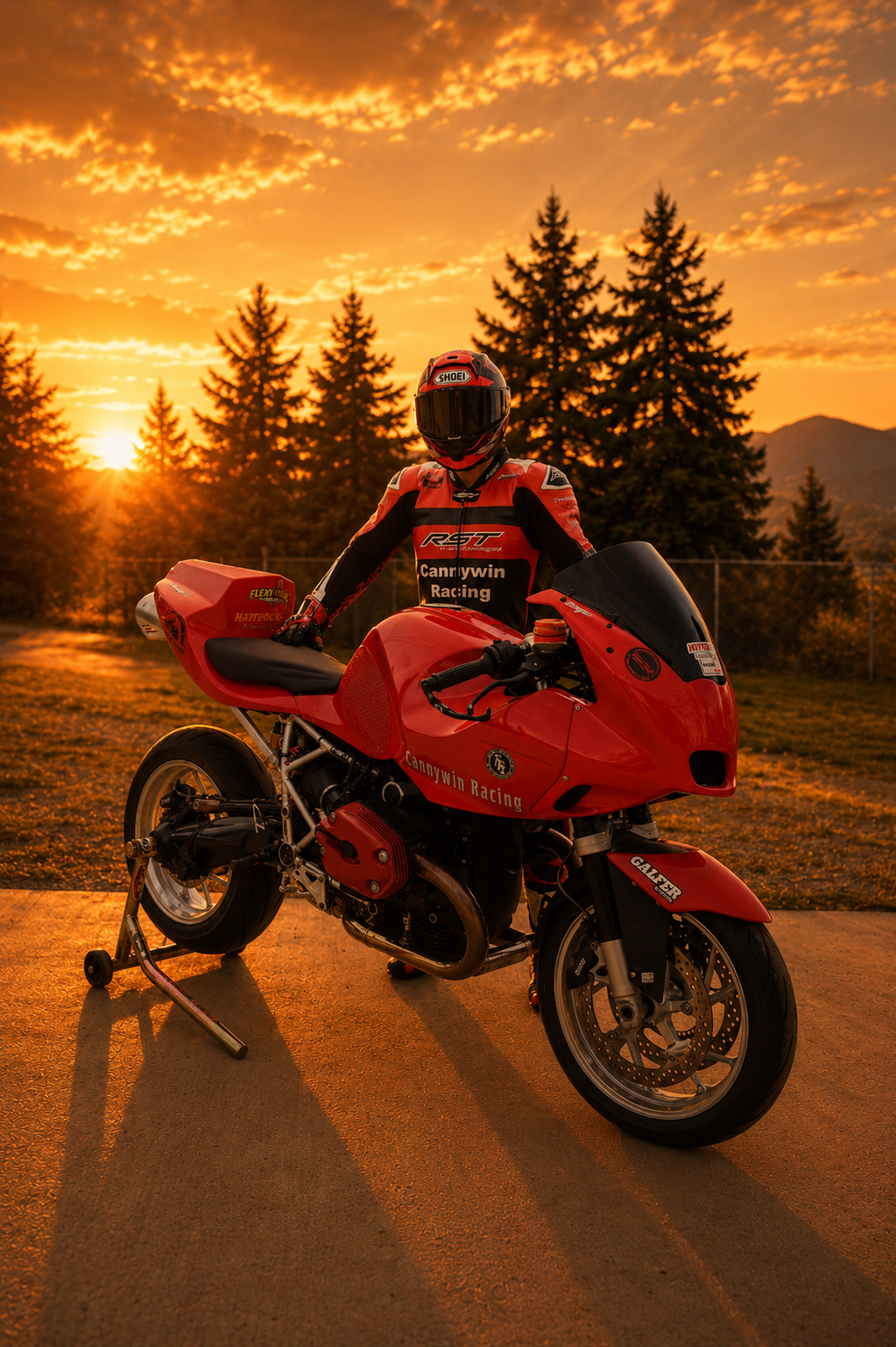 Rider with the red Cannywin Racing BMW boxer-twin at sunset