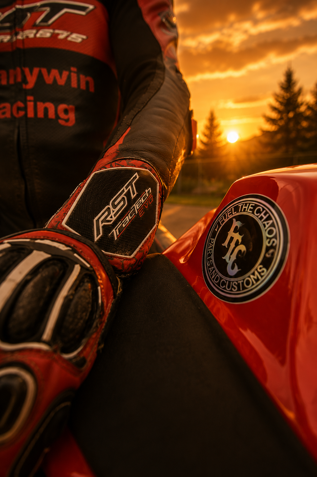 Rider's RST gloved hand on the tank beside the Fuel the Chaos Parts and Customs badge