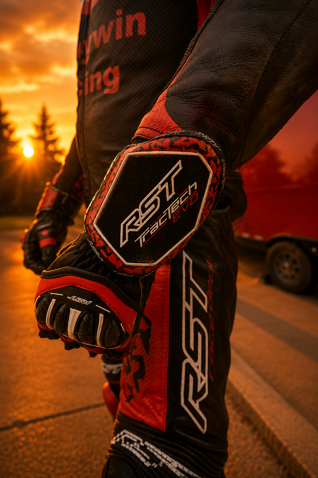 Close-up of RST race gloves and elbow slider at sunset