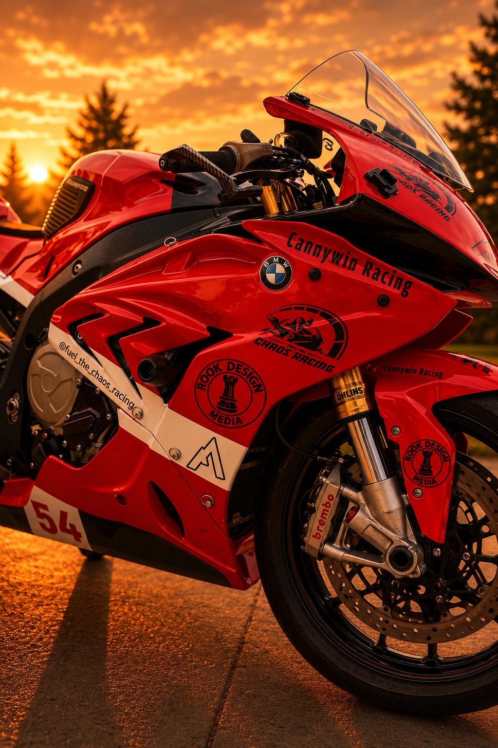 Close-up of the No. 54 BMW S1000RR front end with Ohlins forks and Brembo brakes